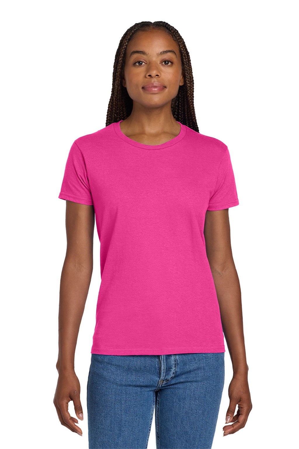 Gildan 2000L Womens Ultra Short Sleeve Crewneck T-Shirt Heliconia Pink Model Front