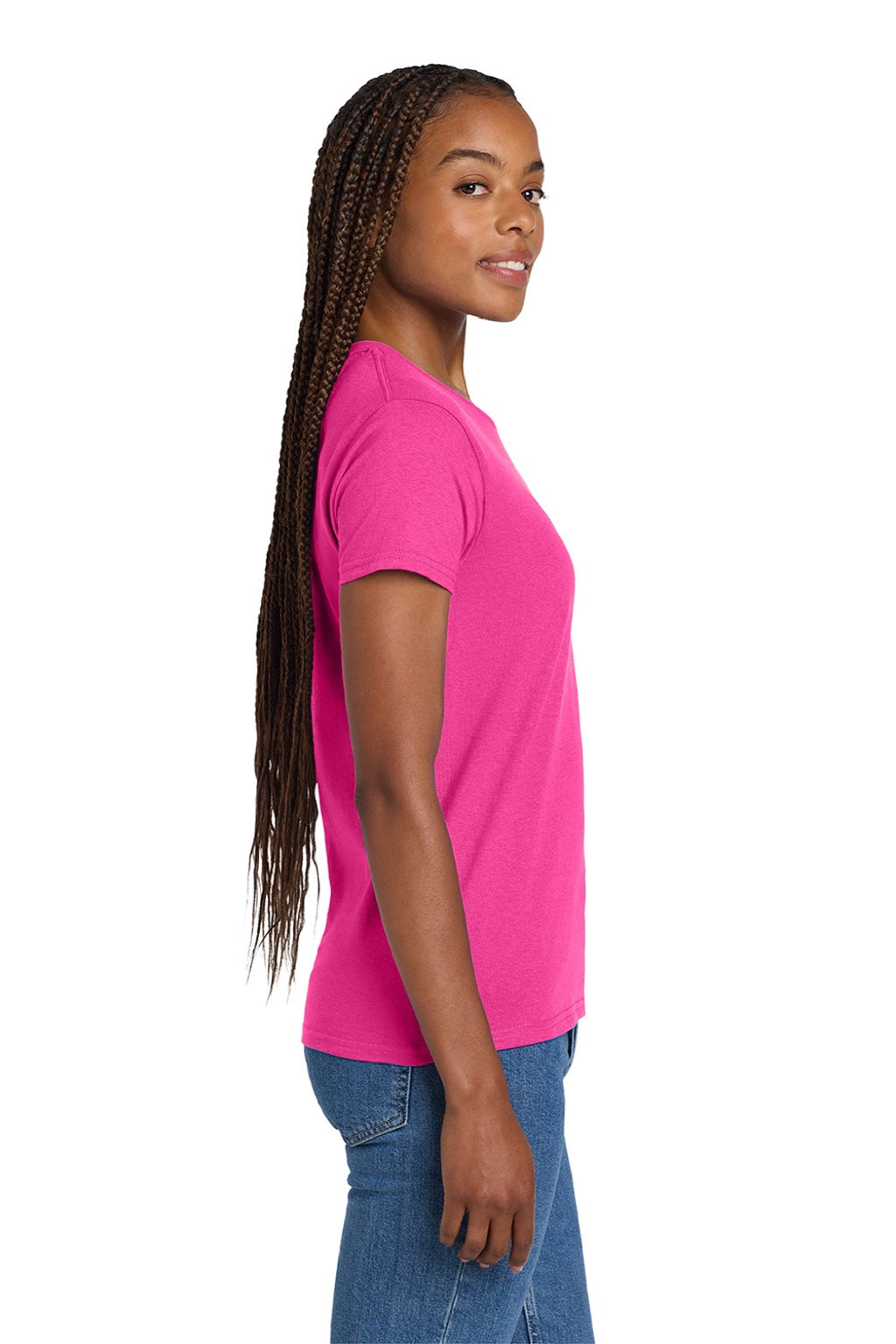 Gildan 2000L Womens Ultra Short Sleeve Crewneck T-Shirt Heliconia Pink Model Side