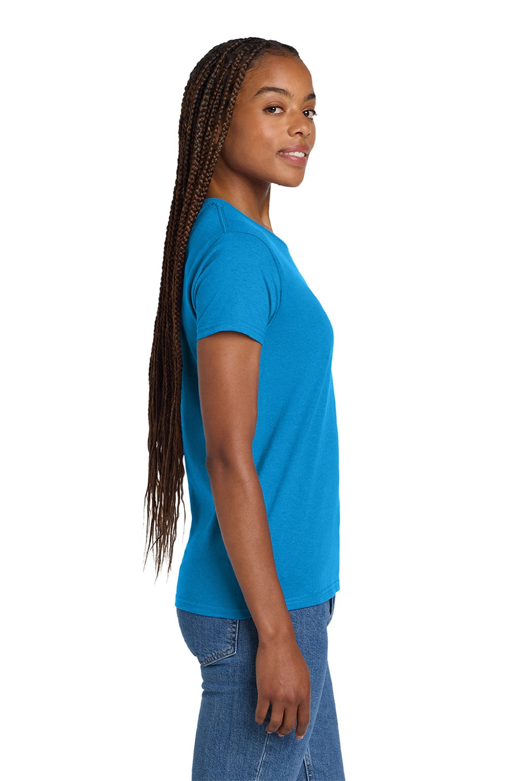 Gildan 2000L Womens Ultra Short Sleeve Crewneck T-Shirt Sapphire Blue Model Side