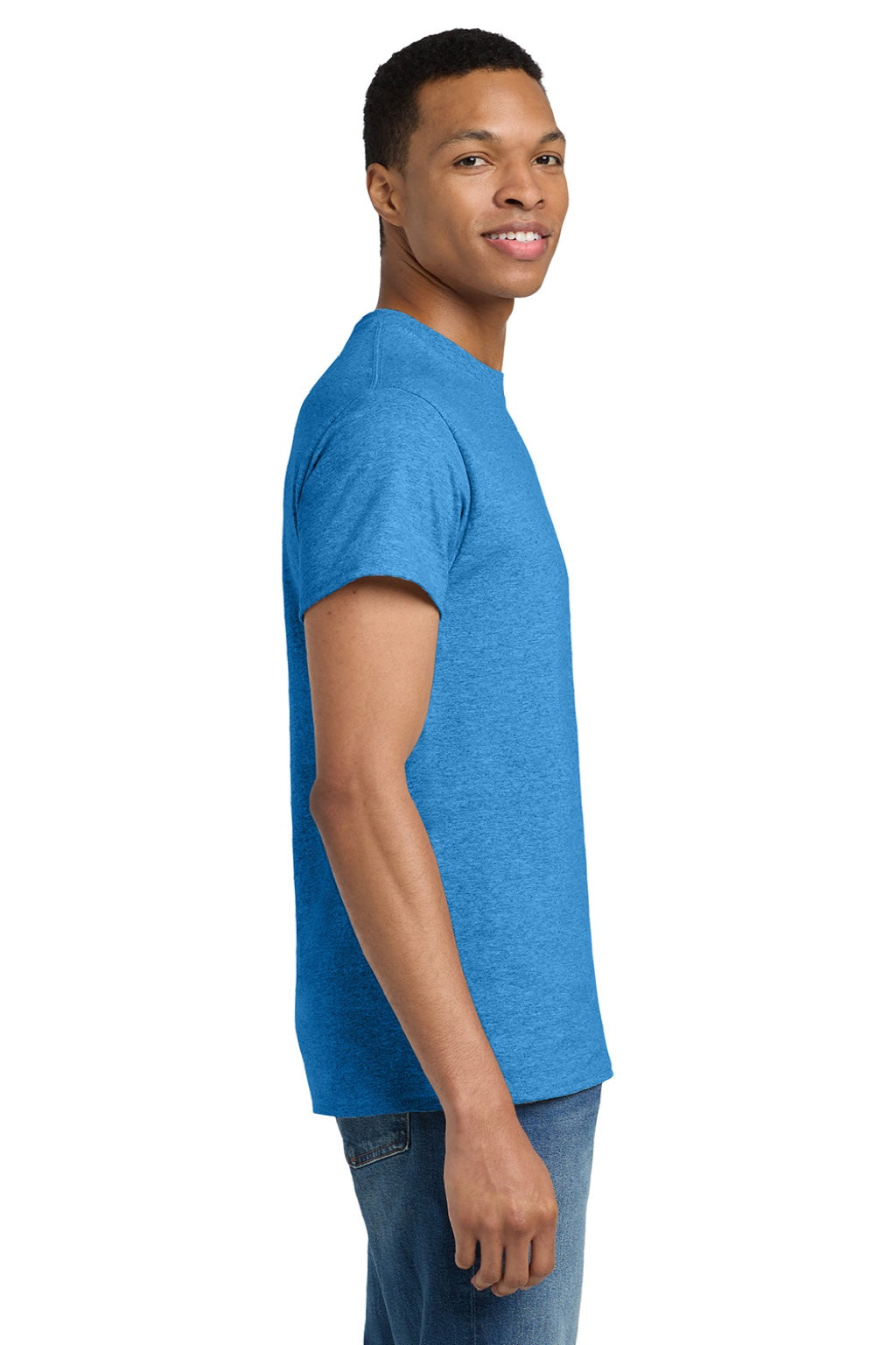 Gildan 2000/2000T Mens Ultra Short Sleeve Crewneck T-Shirt Heather Sapphire Blue Model Side