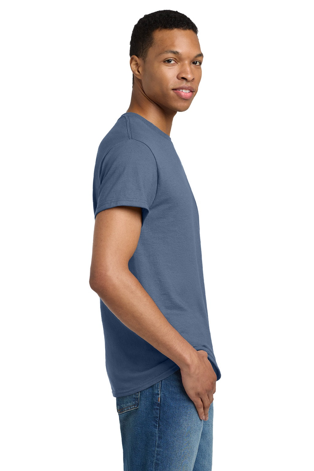 Gildan 2000/2000T Mens Ultra Short Sleeve Crewneck T-Shirt Indigo Blue Model Side