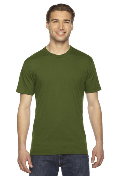 American Apparel 2001 Mens Fine Jersey Short Sleeve Crewneck T-Shirt Olive Green Model Front