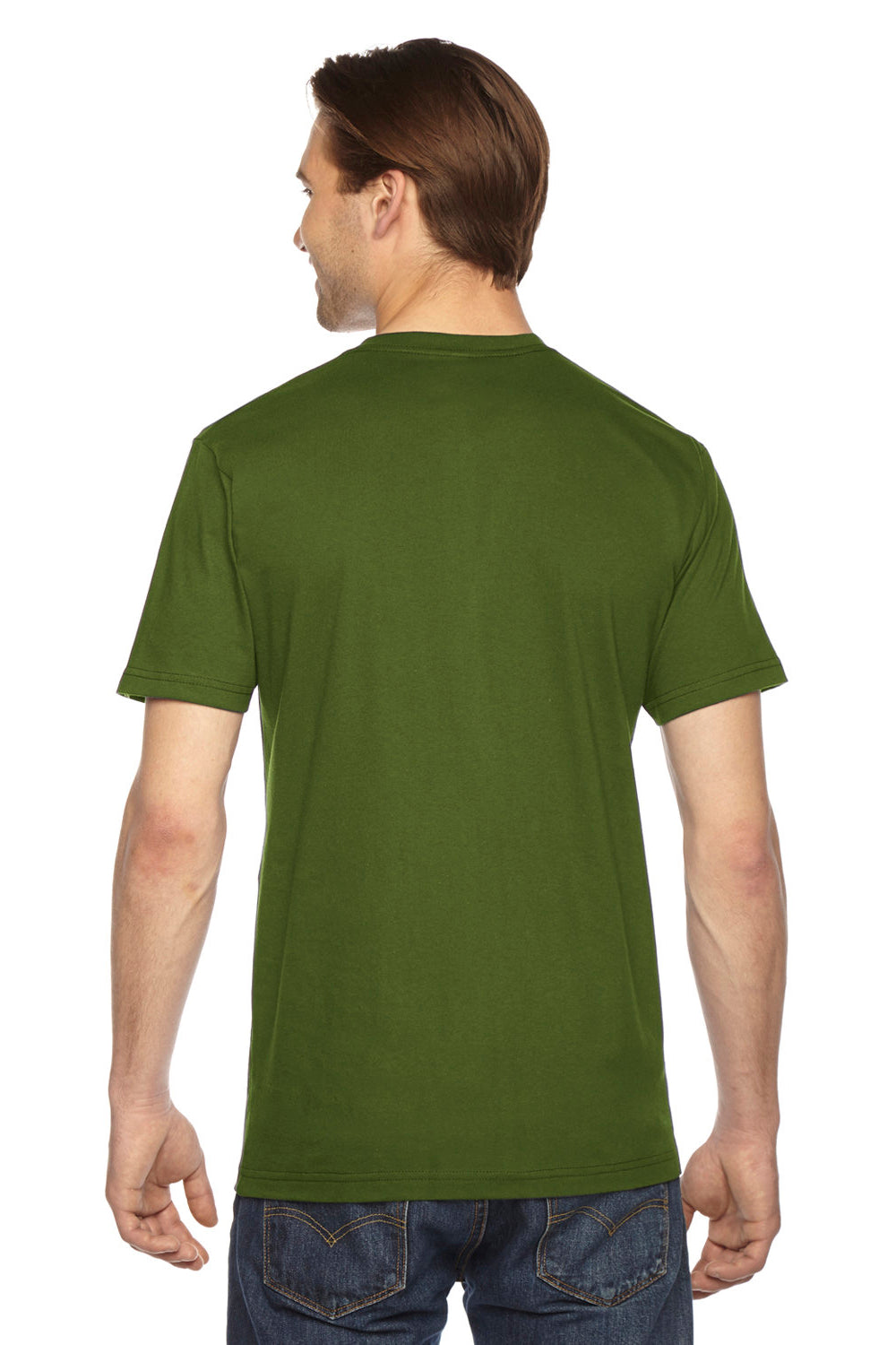 American Apparel 2001 Mens Fine Jersey Short Sleeve Crewneck T-Shirt Olive Green Model Back