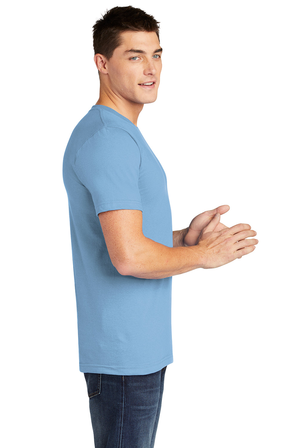 American Apparel 2001 Mens Fine Jersey Short Sleeve Crewneck T-Shirt Baby Blue Model Side