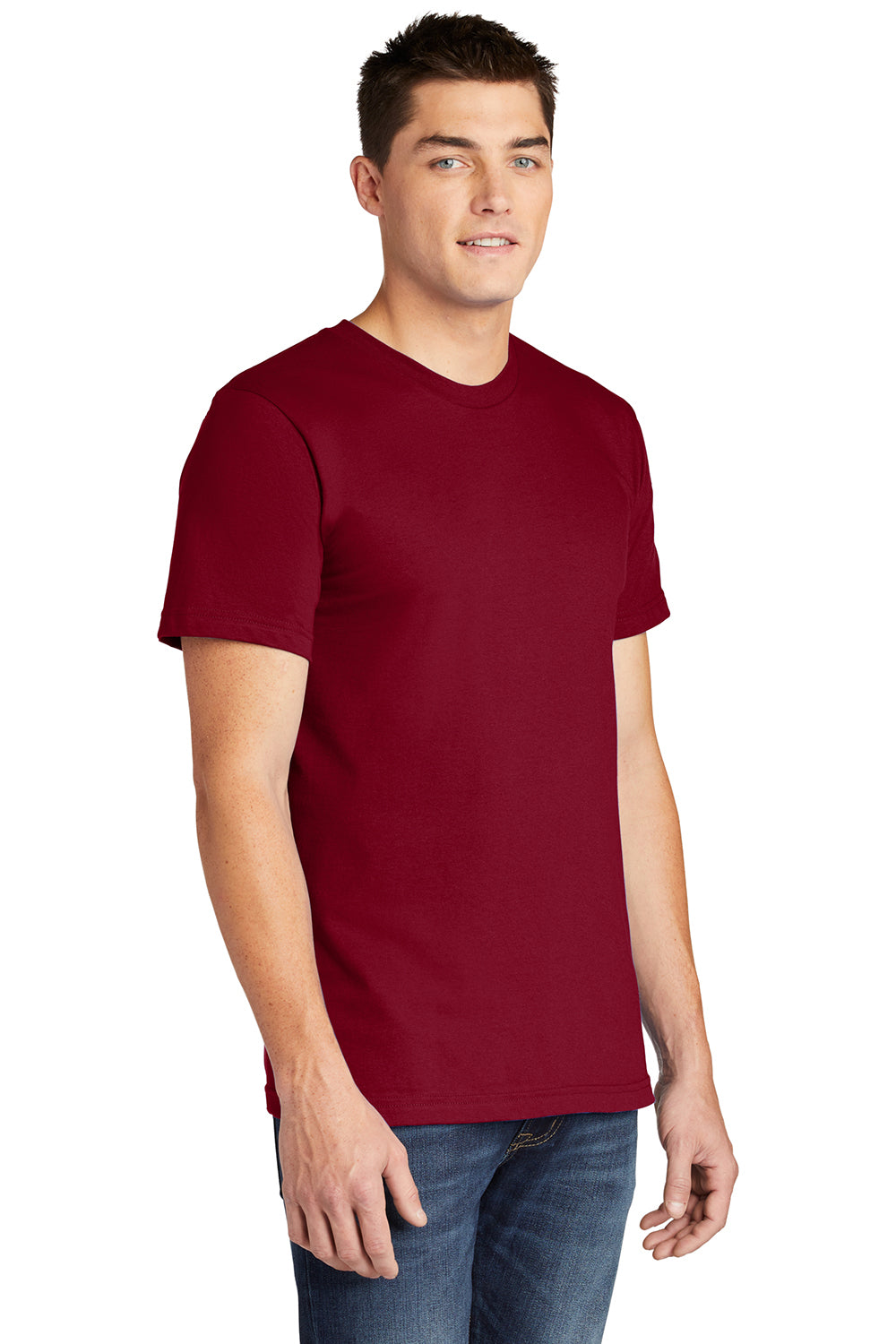 American Apparel 2001 Mens Fine Jersey Short Sleeve Crewneck T-Shirt Cranberry Red Model 3Q