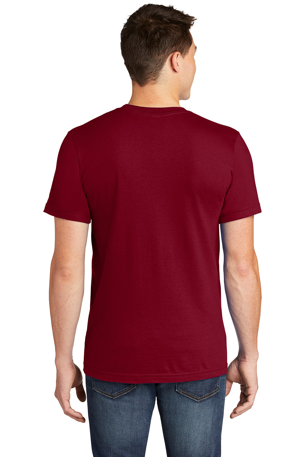 American Apparel 2001 Mens Fine Jersey Short Sleeve Crewneck T-Shirt Cranberry Red Model Back