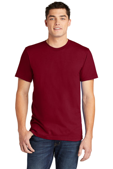 American Apparel 2001 Mens Fine Jersey Short Sleeve Crewneck T-Shirt Cranberry Red Model Front