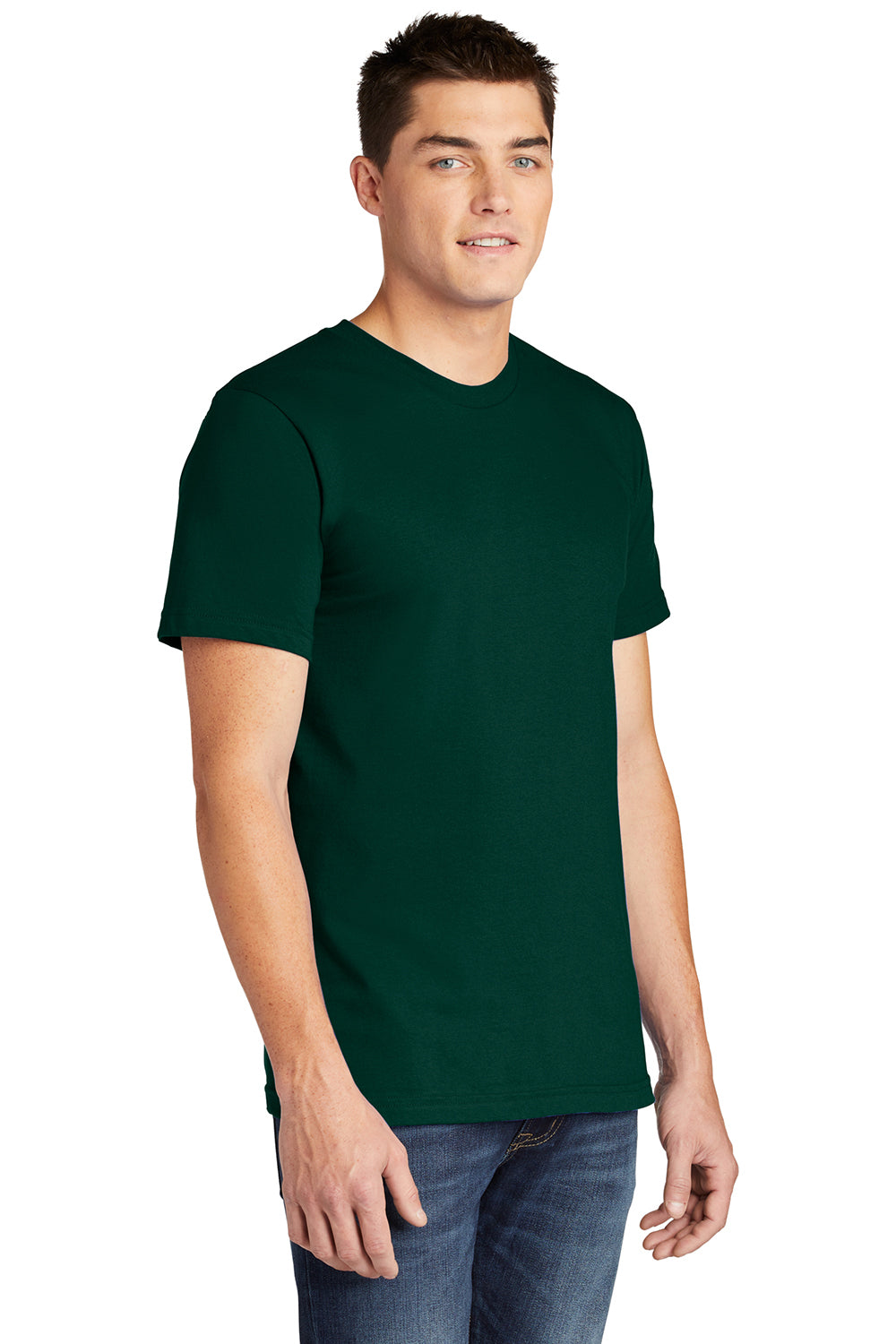 American Apparel 2001 Mens Fine Jersey Short Sleeve Crewneck T-Shirt Forest Green Model 3Q