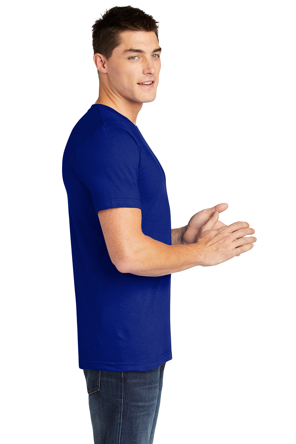 American Apparel 2001 Mens Fine Jersey Short Sleeve Crewneck T-Shirt Lapis Blue Model Side