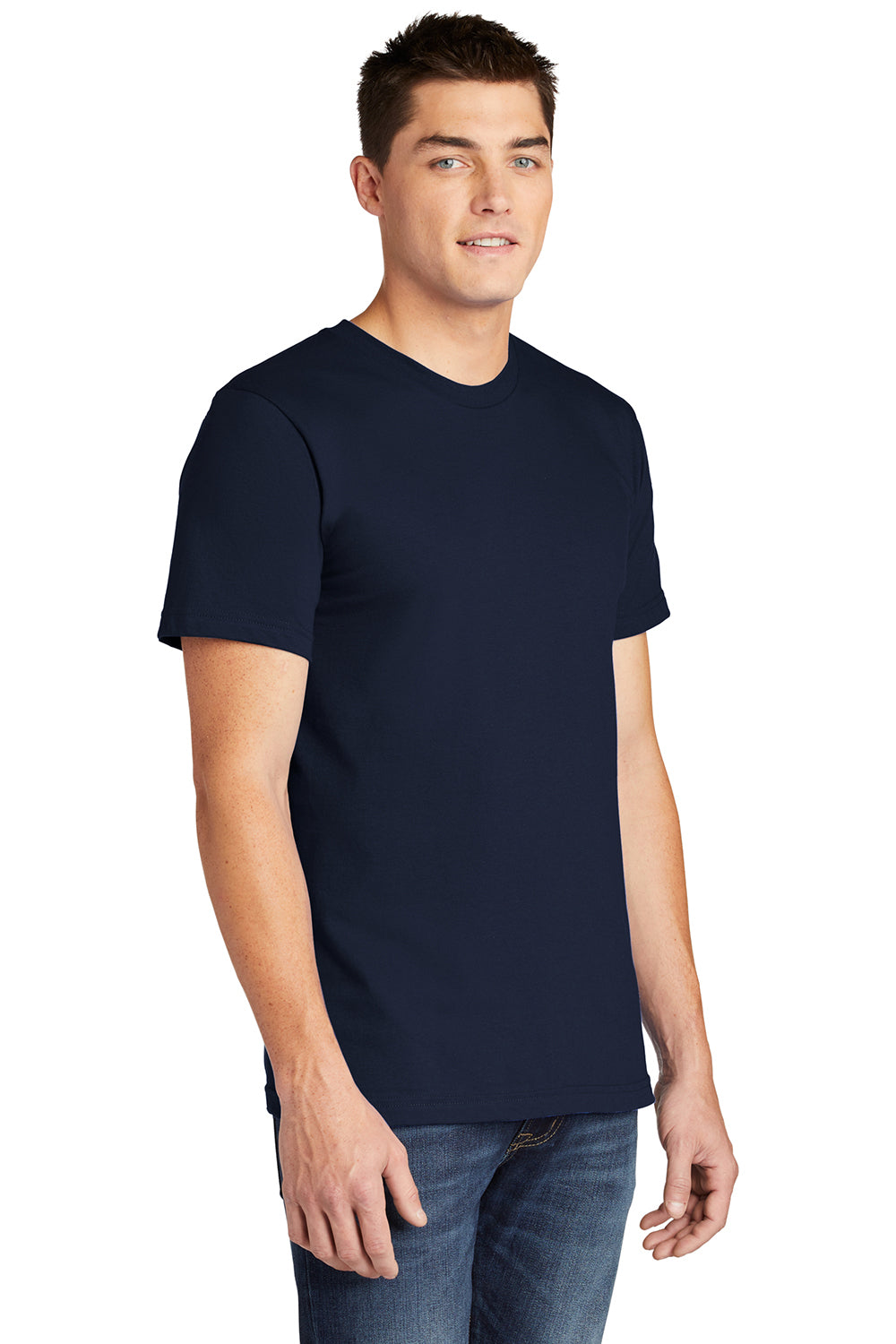 American Apparel 2001 Mens Fine Jersey Short Sleeve Crewneck T-Shirt Navy Blue Model 3Q