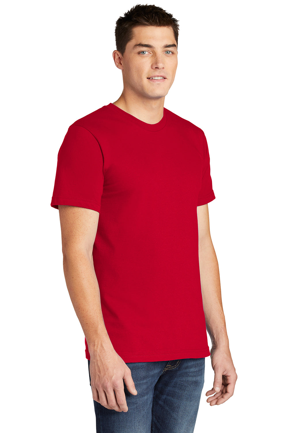 American Apparel 2001 Mens Fine Jersey Short Sleeve Crewneck T-Shirt Red Model 3Q