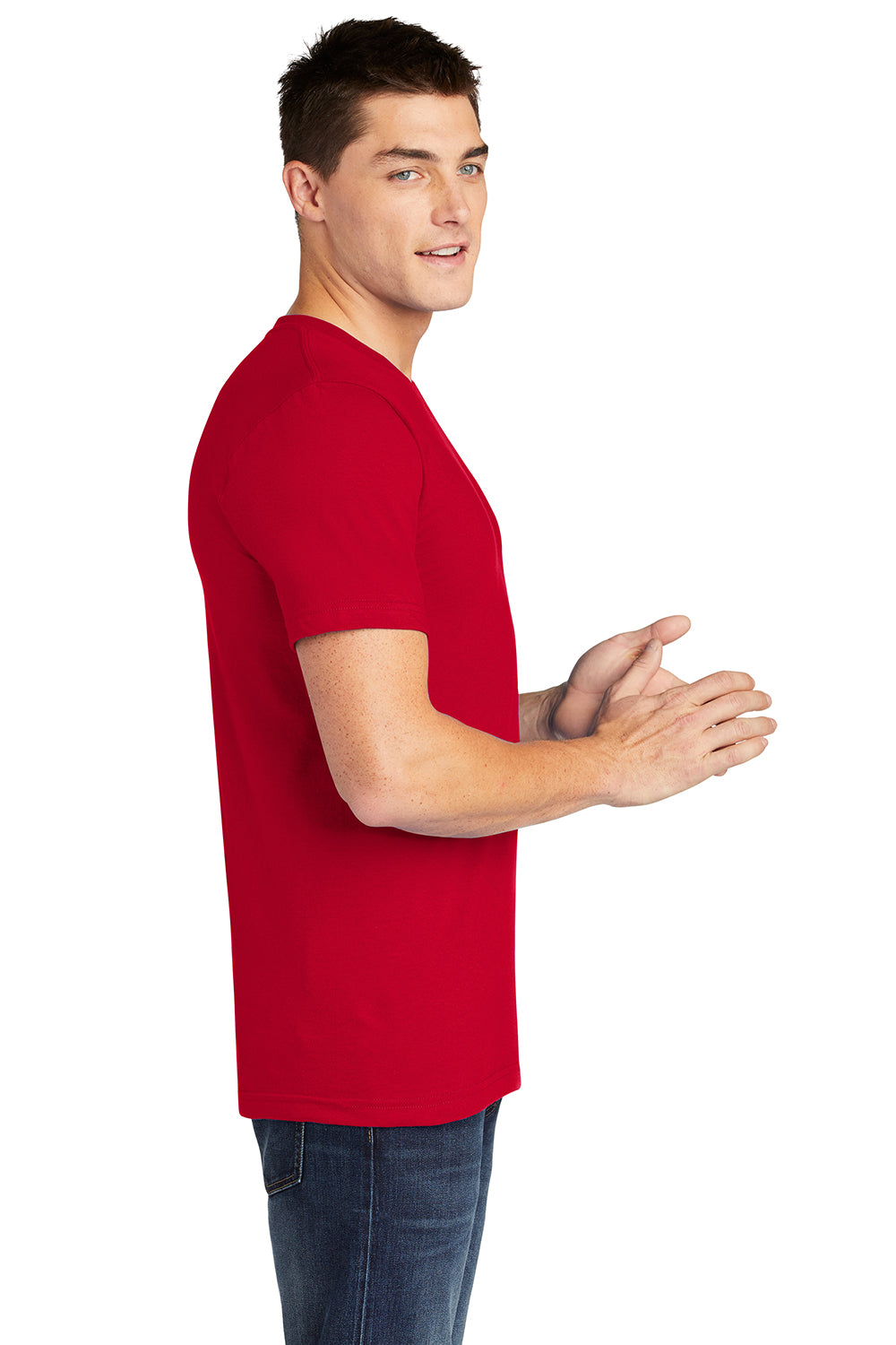 American Apparel 2001 Mens Fine Jersey Short Sleeve Crewneck T-Shirt Red Model Side