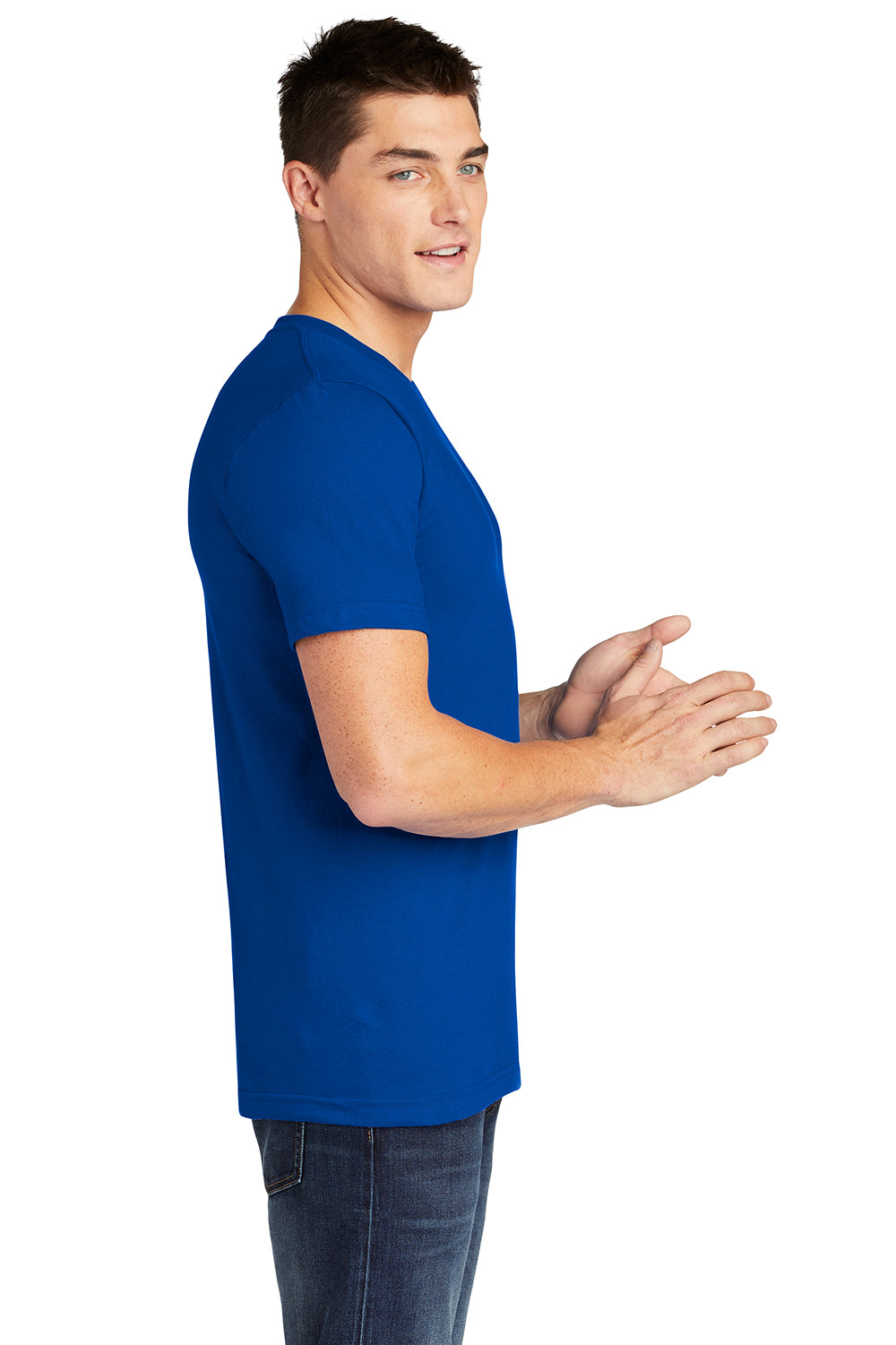 American Apparel 2001 Mens Fine Jersey Short Sleeve Crewneck T-Shirt Royal Blue Model Side