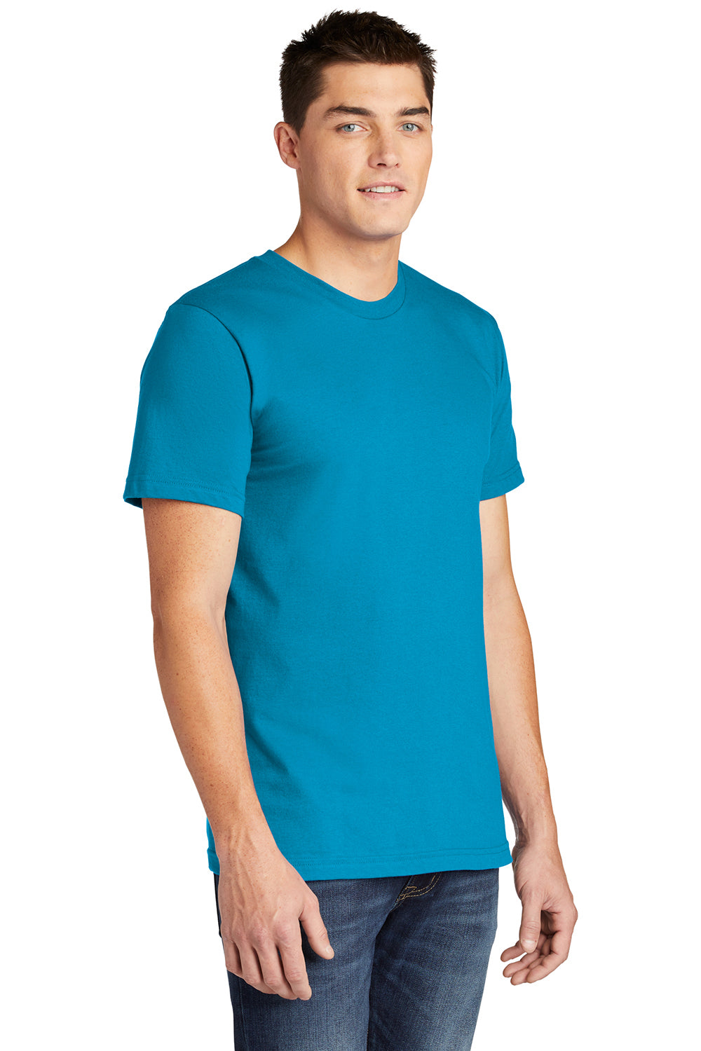 American Apparel 2001 Mens Fine Jersey Short Sleeve Crewneck T-Shirt Teal Blue Model 3Q