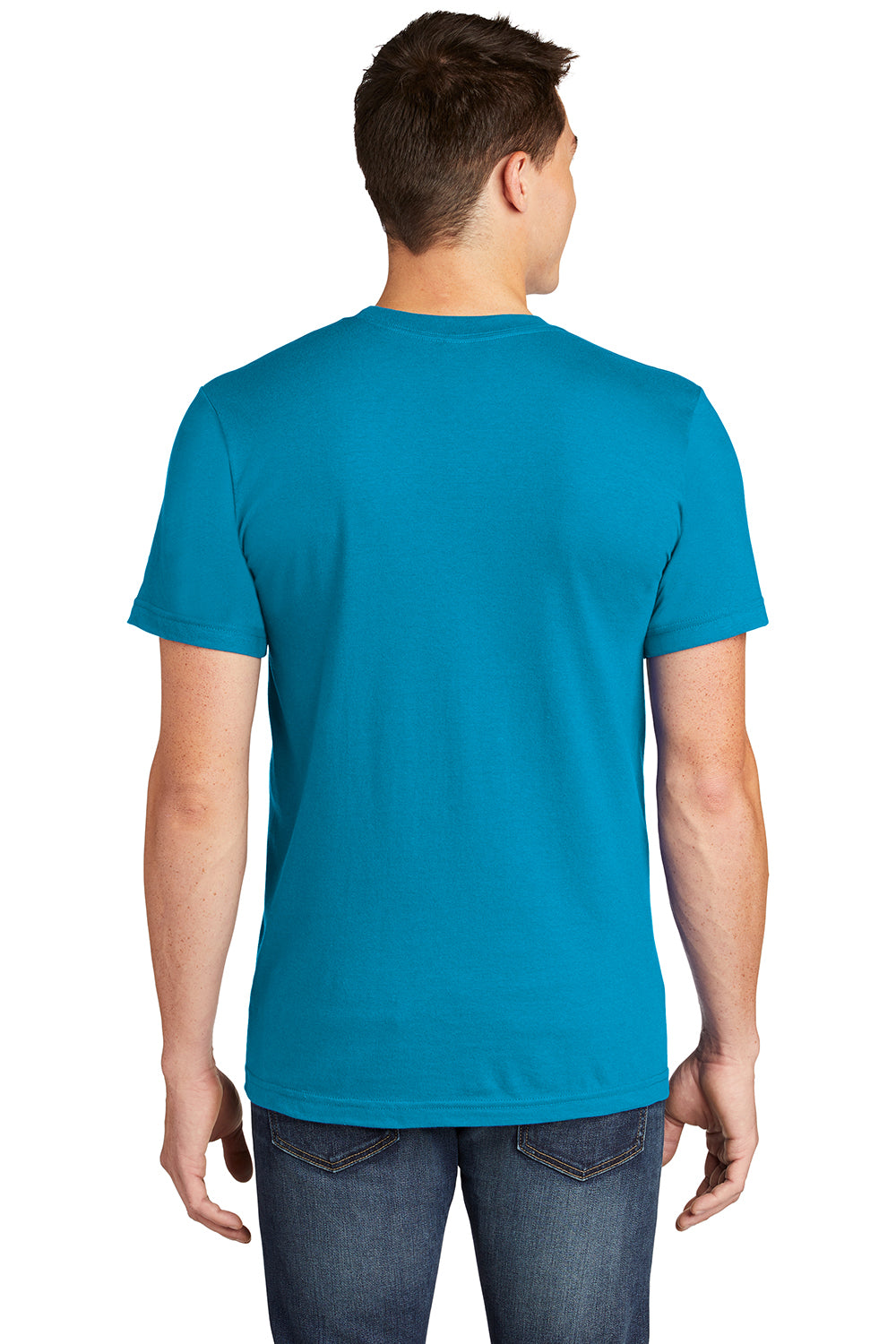 American Apparel 2001 Mens Fine Jersey Short Sleeve Crewneck T-Shirt Teal Blue Model Back