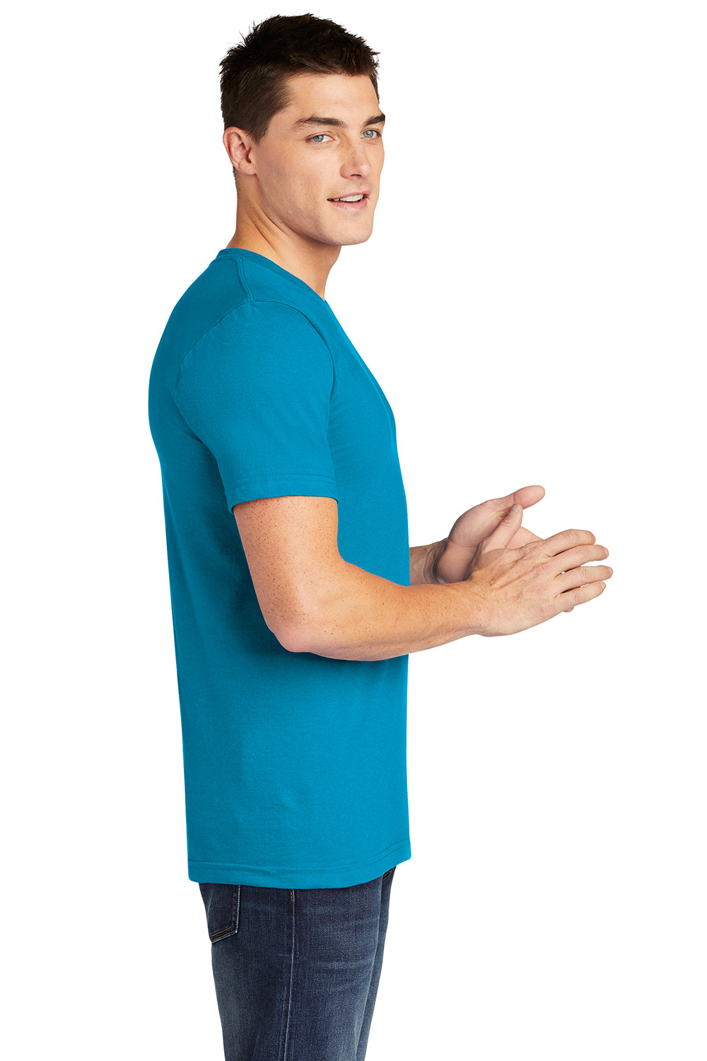 American Apparel 2001 Mens Fine Jersey Short Sleeve Crewneck T-Shirt Teal Blue Model Side