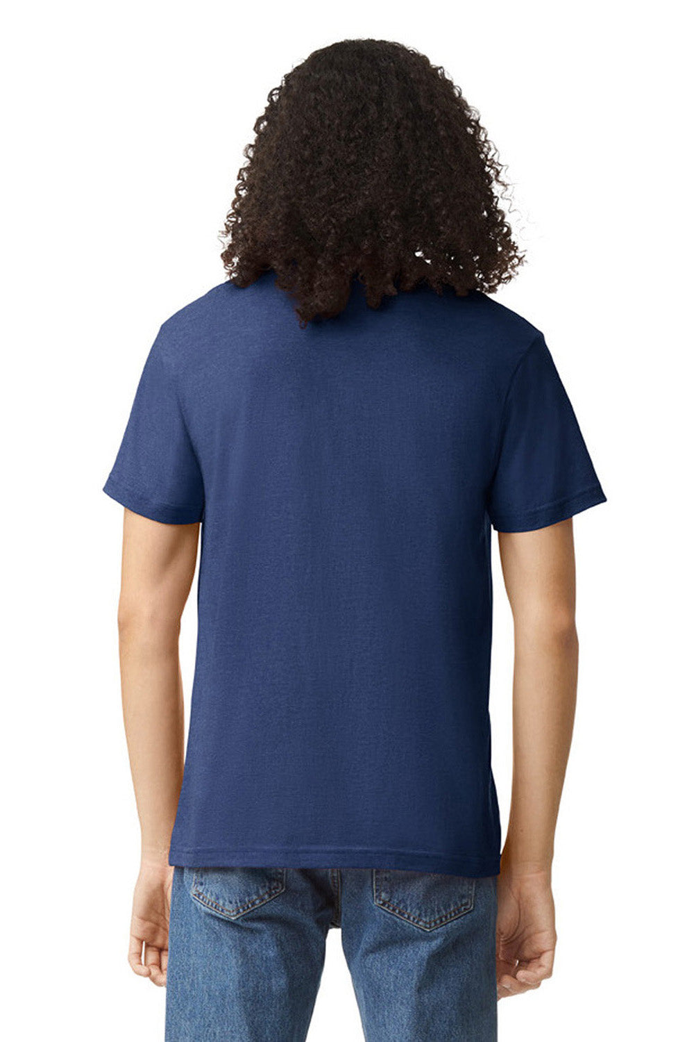 American Apparel 2001CVC Mens CVC Short Sleeve Crewneck T-Shirt Heather Indigo Blue Model Back