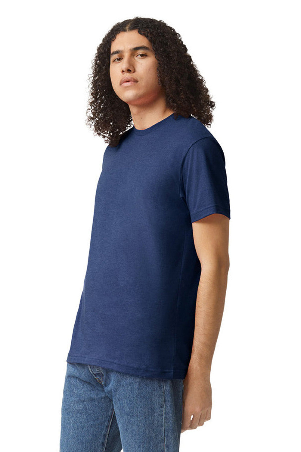 American Apparel 2001CVC Mens CVC Short Sleeve Crewneck T-Shirt Heather Indigo Blue Model Side