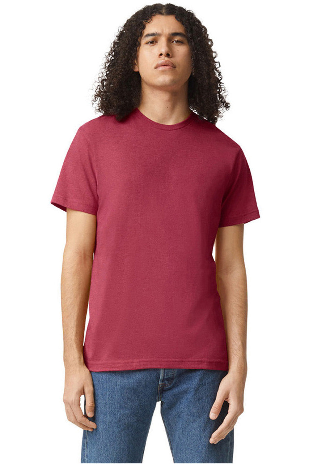 American Apparel 2001CVC Mens CVC Short Sleeve Crewneck T-Shirt Heather Cardinal Red Model Front