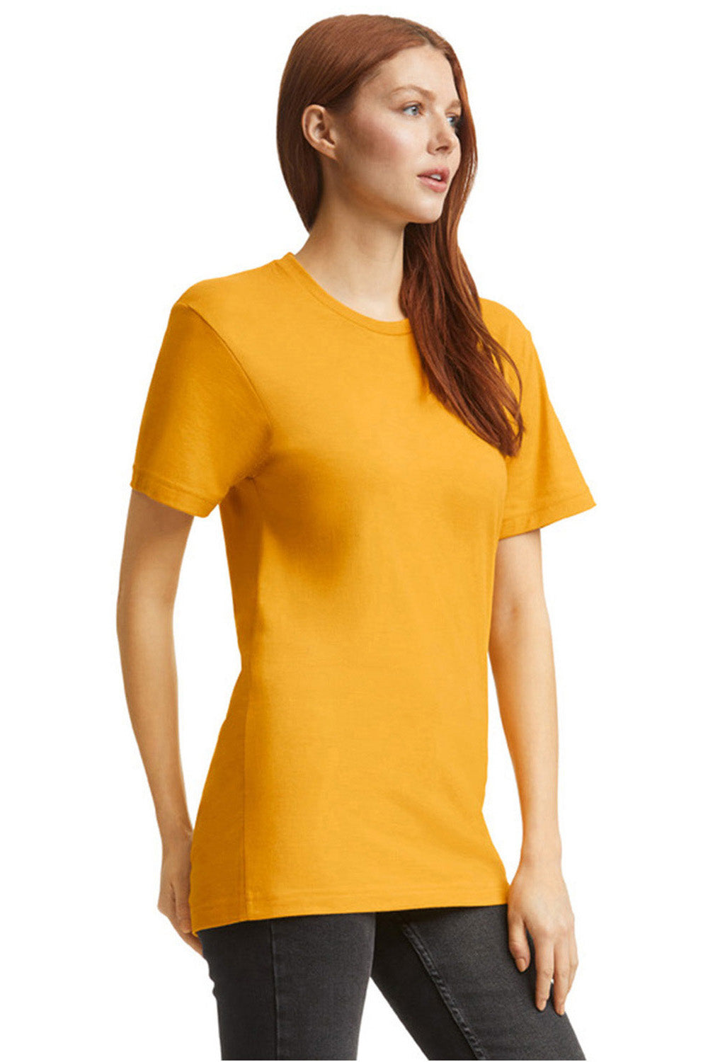 American Apparel 2001CVC Mens CVC Short Sleeve Crewneck T-Shirt Heather Mustard Yellow Model Side