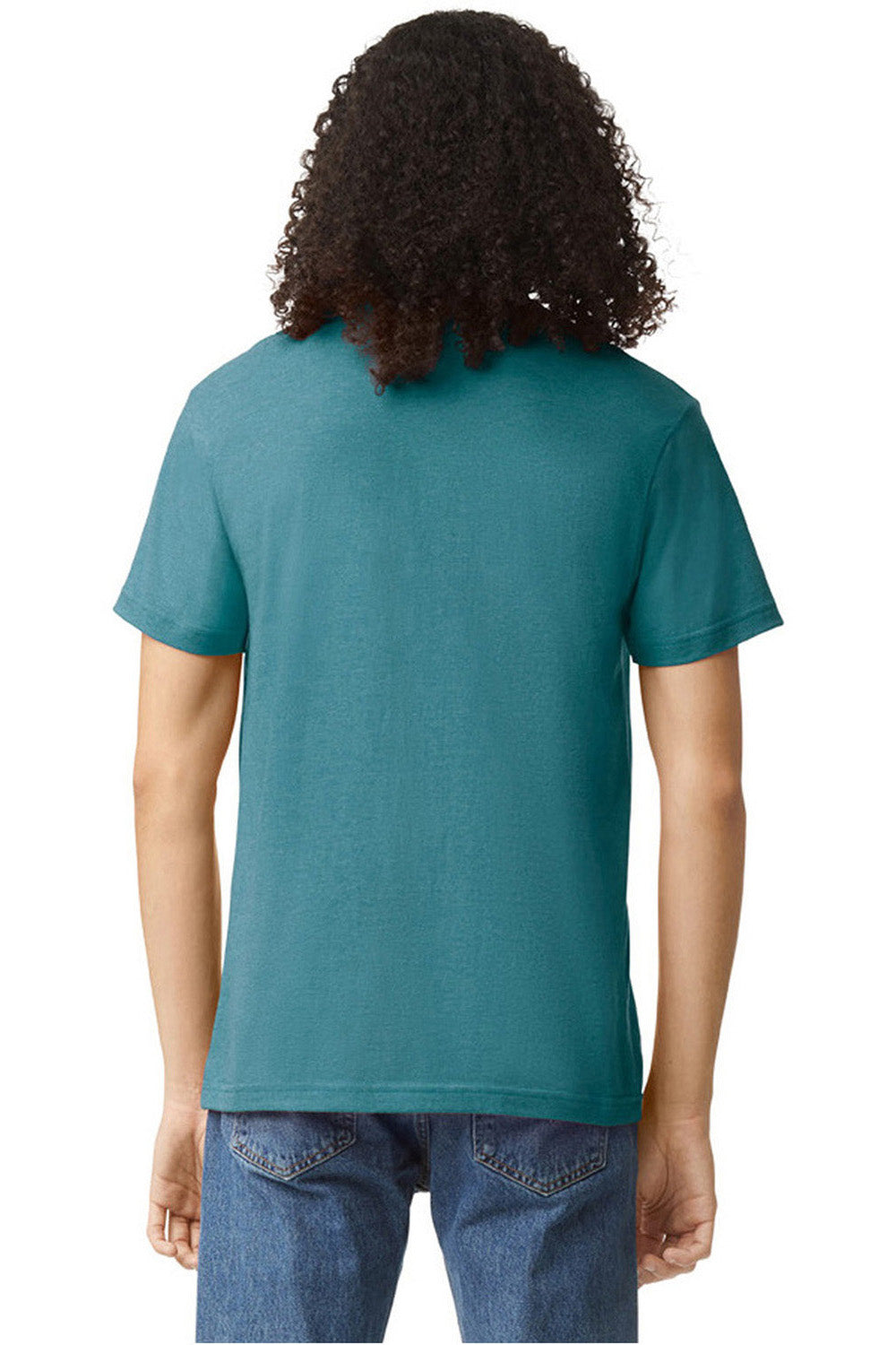American Apparel 2001CVC Mens CVC Short Sleeve Crewneck T-Shirt Heather Arctic Blue Model Back