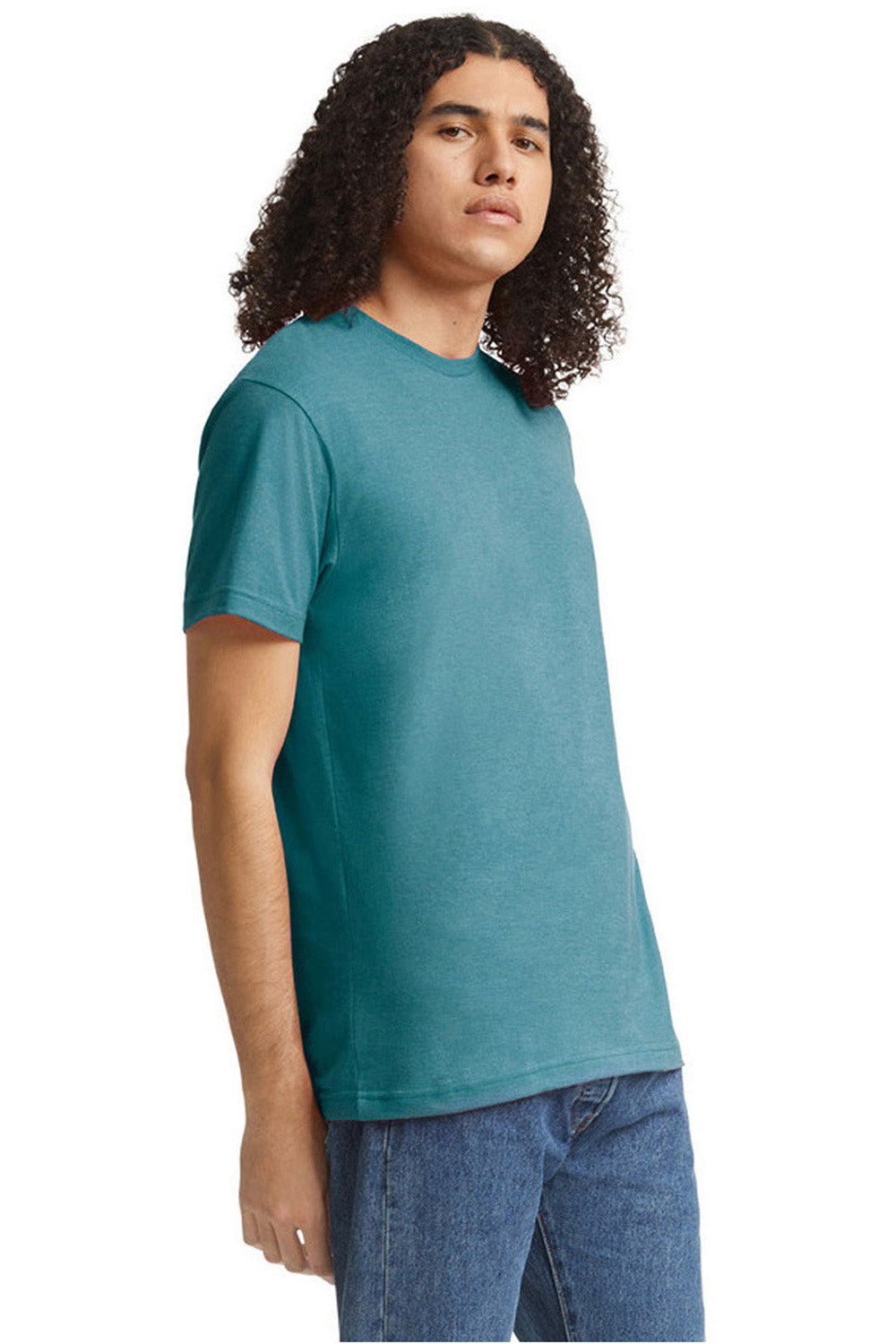 American Apparel 2001CVC Mens CVC Short Sleeve Crewneck T-Shirt Heather Arctic Blue Model Side