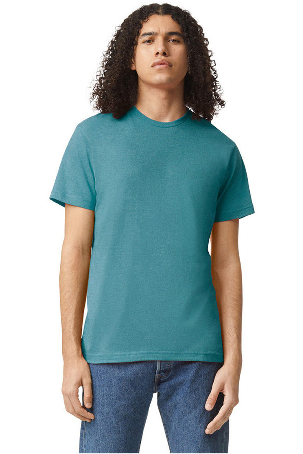 American Apparel 2001CVC Mens CVC Short Sleeve Crewneck T-Shirt Heather Arctic Blue Model Front