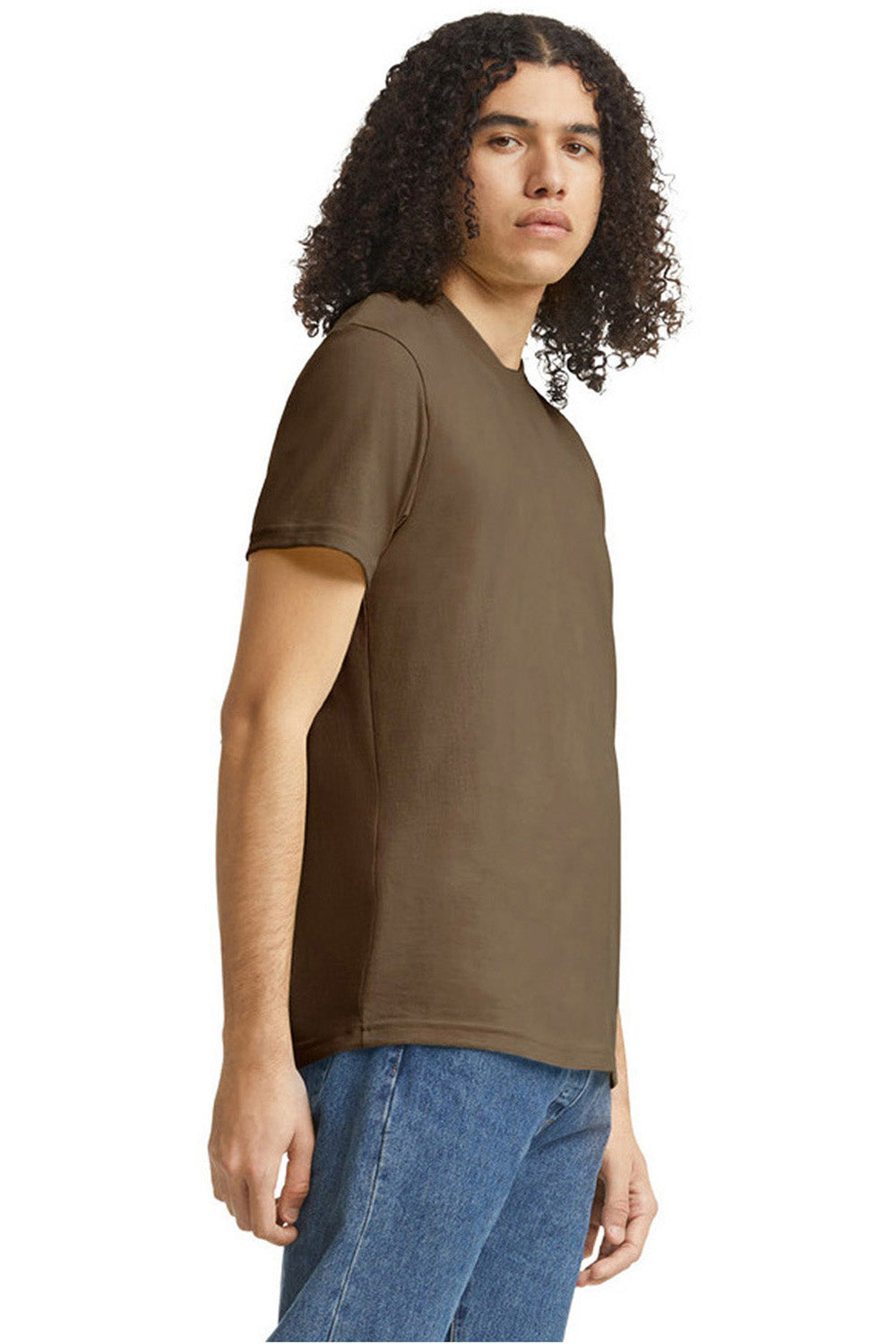 American Apparel 2001CVC Mens CVC Short Sleeve Crewneck T-Shirt Heather Army Brown Model Side
