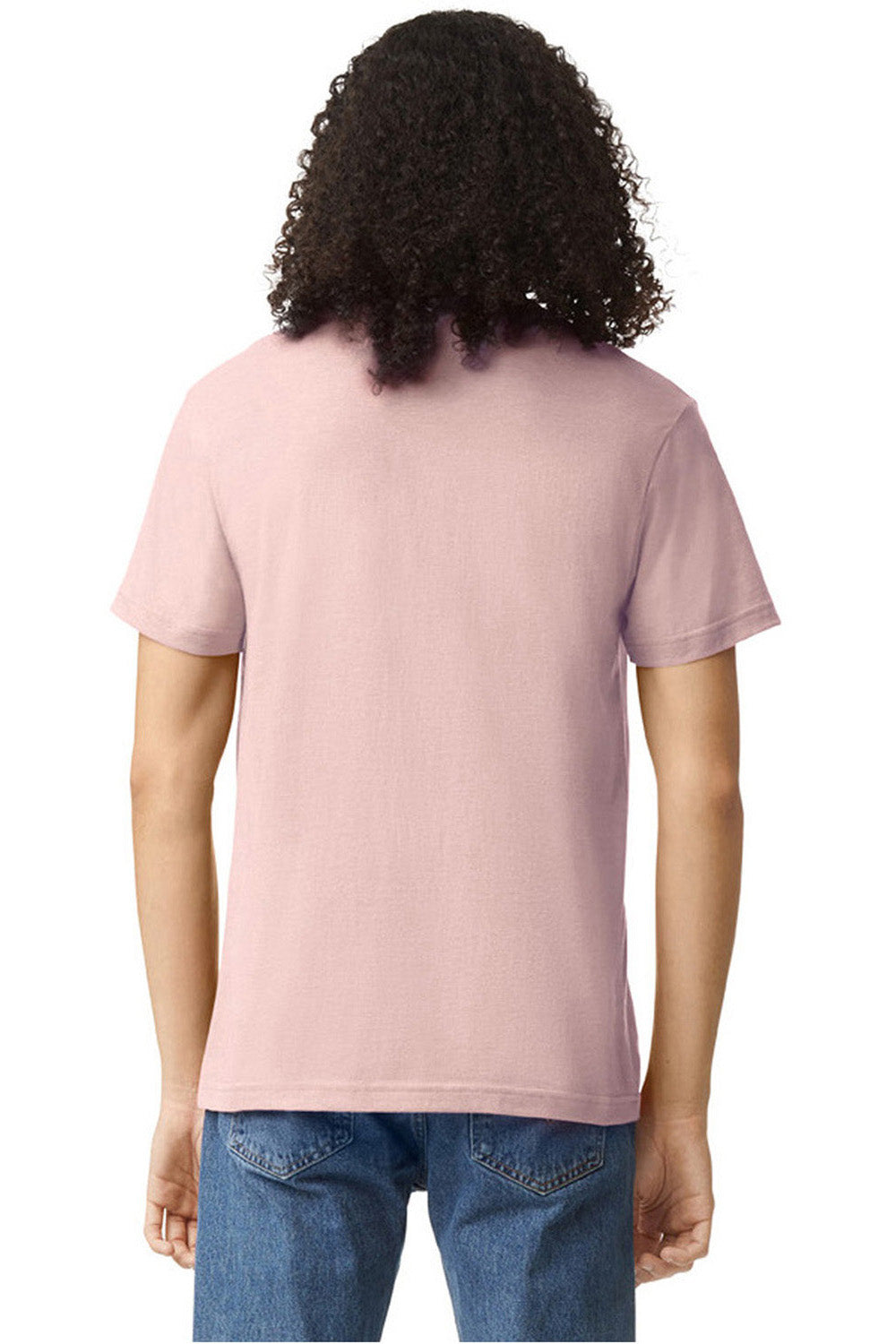 American Apparel 2001CVC Mens CVC Short Sleeve Crewneck T-Shirt Heather Blush Pink Model Back