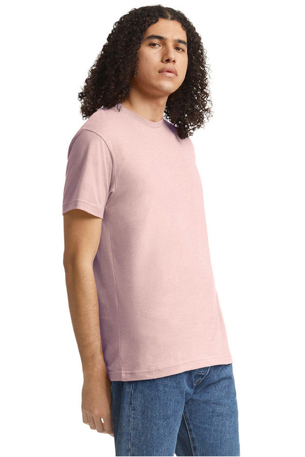 American Apparel 2001CVC Mens CVC Short Sleeve Crewneck T-Shirt Heather Blush Pink Model Side
