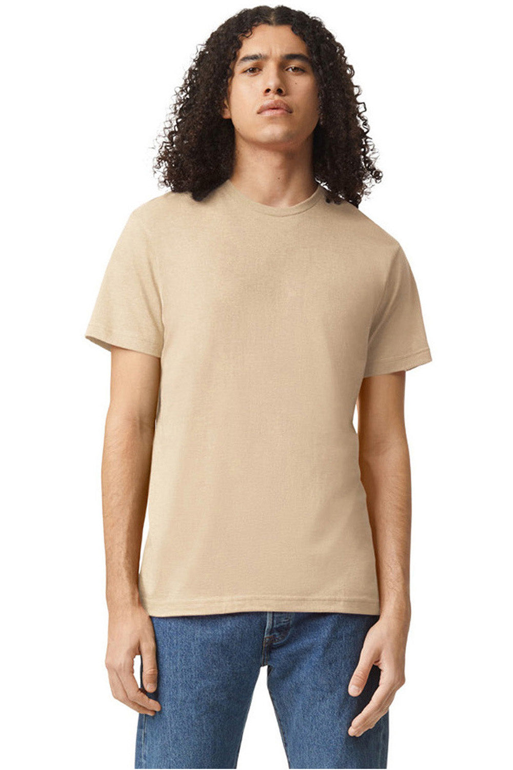 American Apparel 2001CVC Mens CVC Short Sleeve Crewneck T-Shirt Heather Bone Model Front