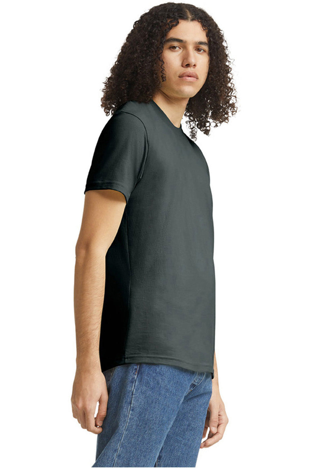 American Apparel 2001CVC Mens CVC Short Sleeve Crewneck T-Shirt Heather Charcoal Grey Model Side