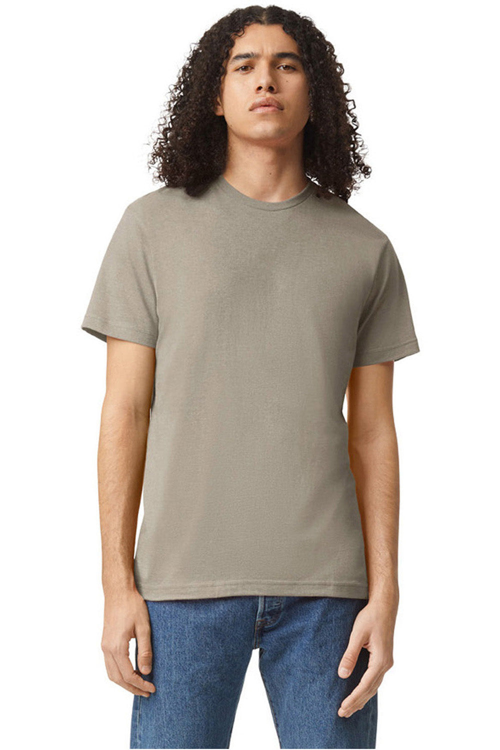 American Apparel 2001CVC Mens CVC Short Sleeve Crewneck T-Shirt Heather Khaki Brown Model Front