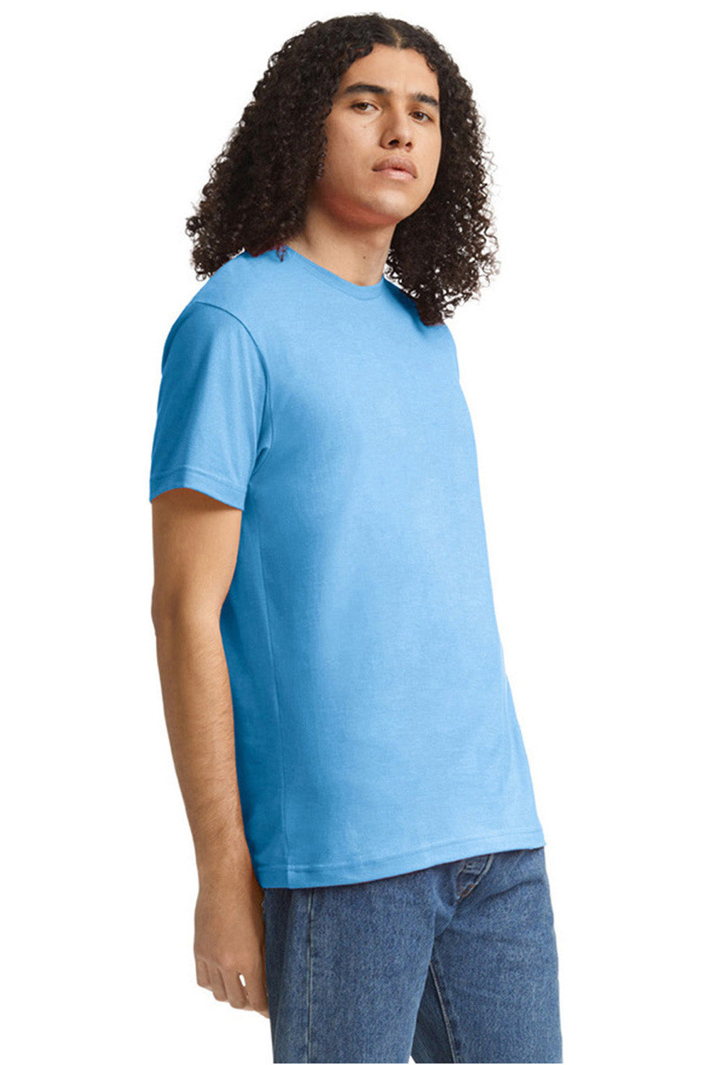 American Apparel 2001CVC Mens CVC Short Sleeve Crewneck T-Shirt Heather Light Blue Model Side