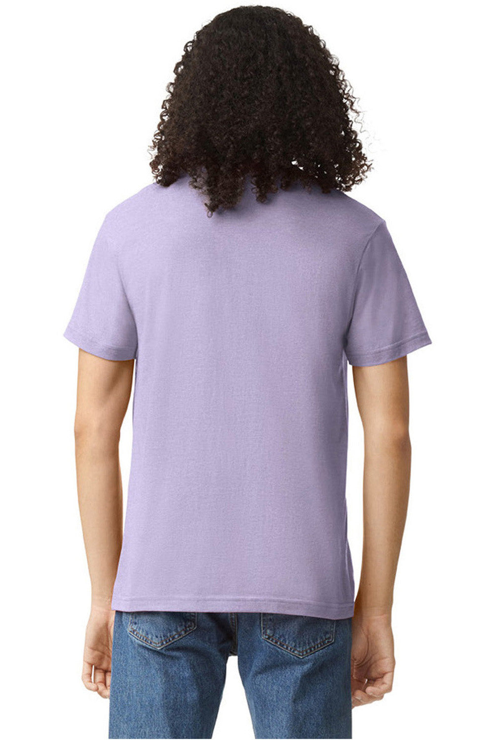 American Apparel 2001CVC Mens CVC Short Sleeve Crewneck T-Shirt Heather Lilac Purple Model Back