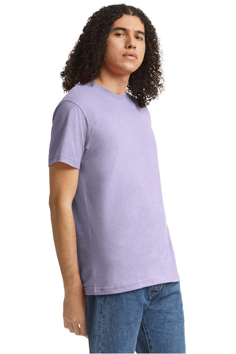 American Apparel 2001CVC Mens CVC Short Sleeve Crewneck T-Shirt Heather Lilac Purple Model Side