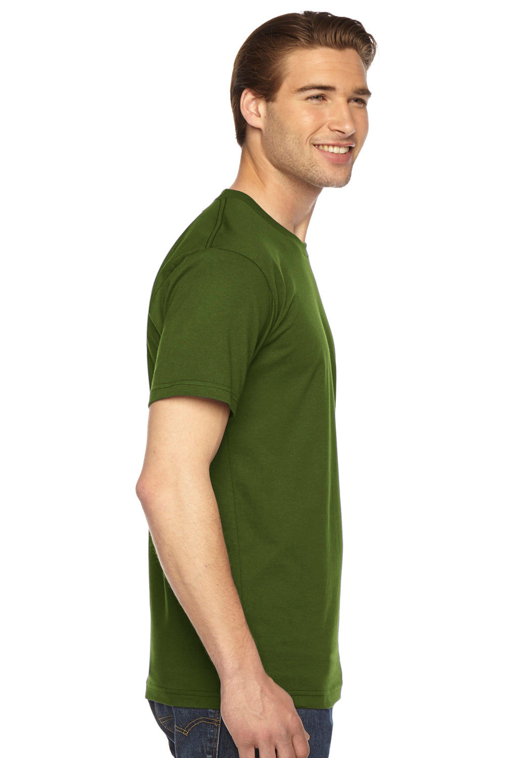 American Apparel 2001 Mens Fine Jersey Short Sleeve Crewneck T-Shirt Olive Green Model Side