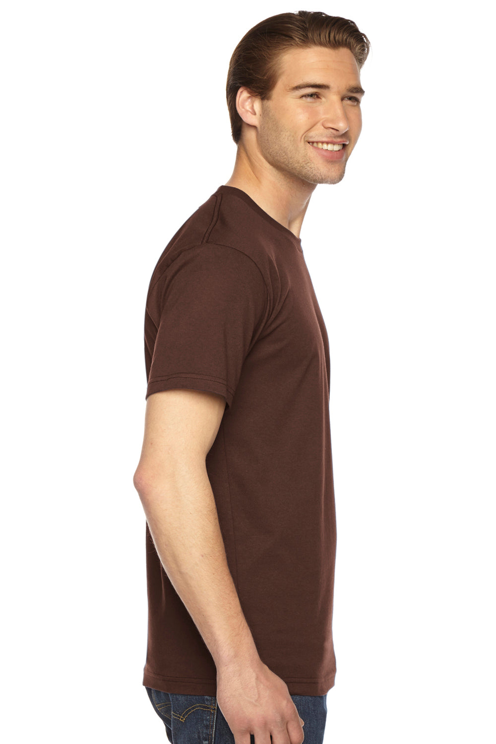 American Apparel 2001 Mens Fine Jersey Short Sleeve Crewneck T-Shirt Brown Model Side