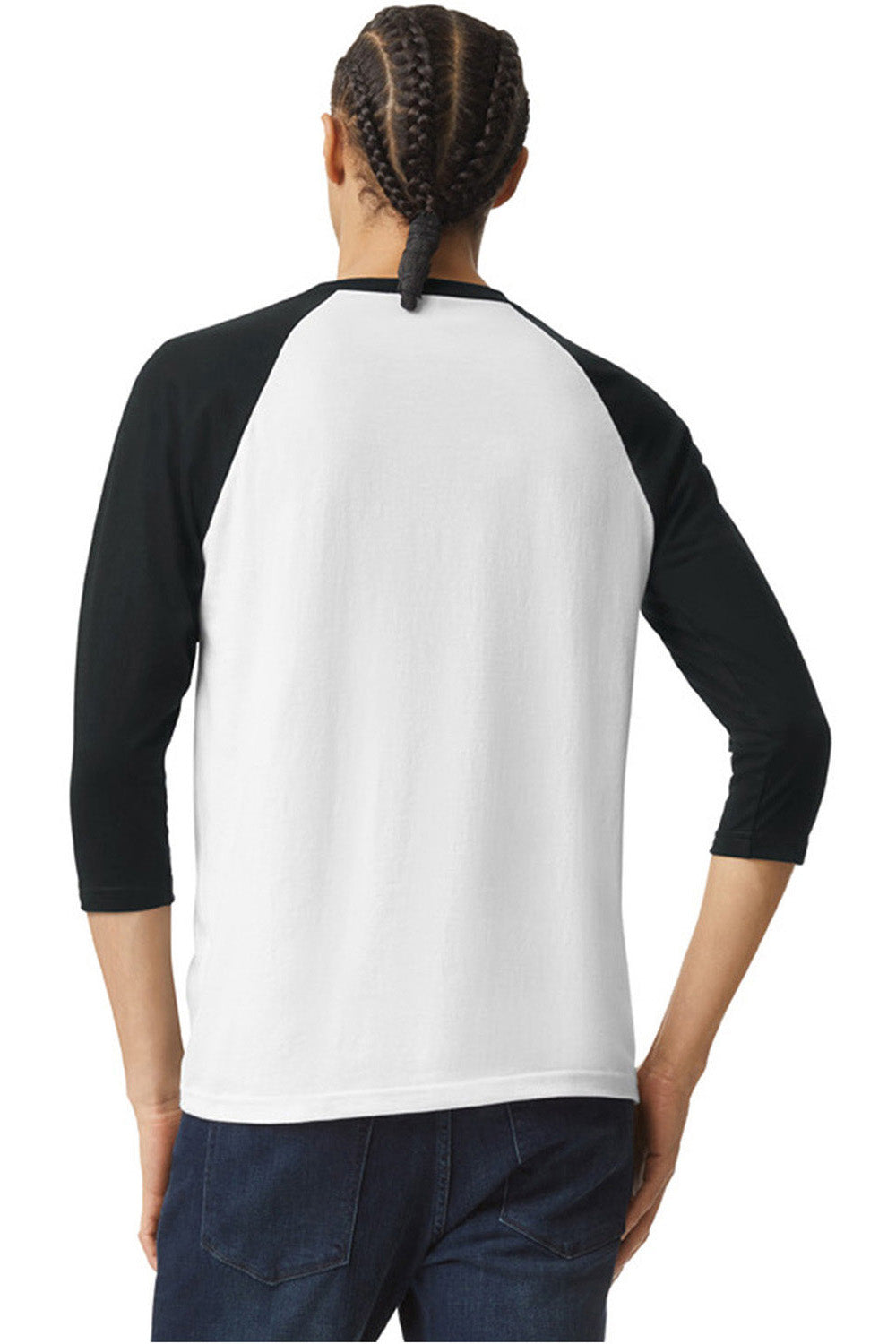 American Apparel 2003CVC Mens CVC Raglan 3/4 Sleeve Crewneck T-Shirt White/Black Model Back