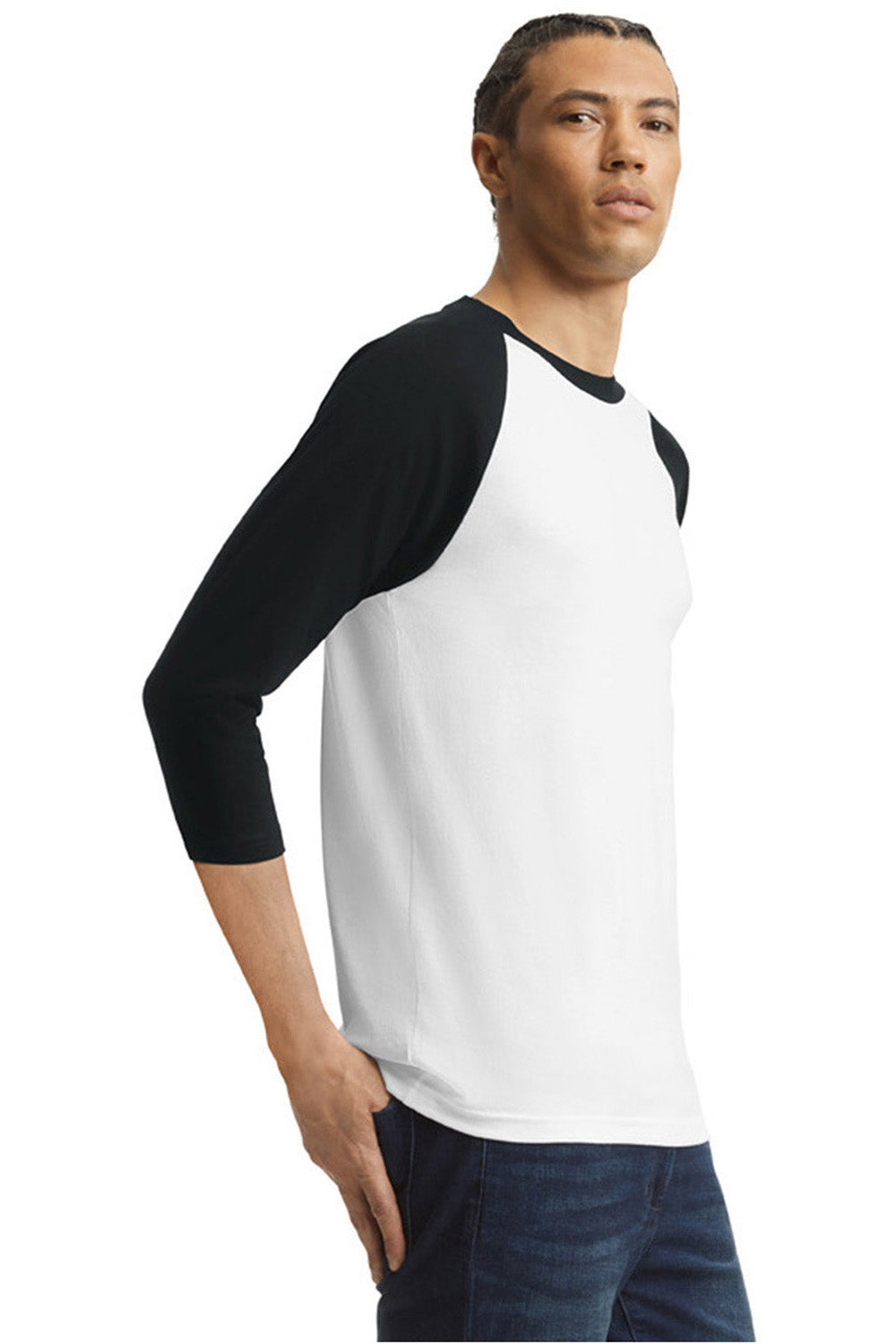 American Apparel 2003CVC Mens CVC Raglan 3/4 Sleeve Crewneck T-Shirt White/Black Model Side
