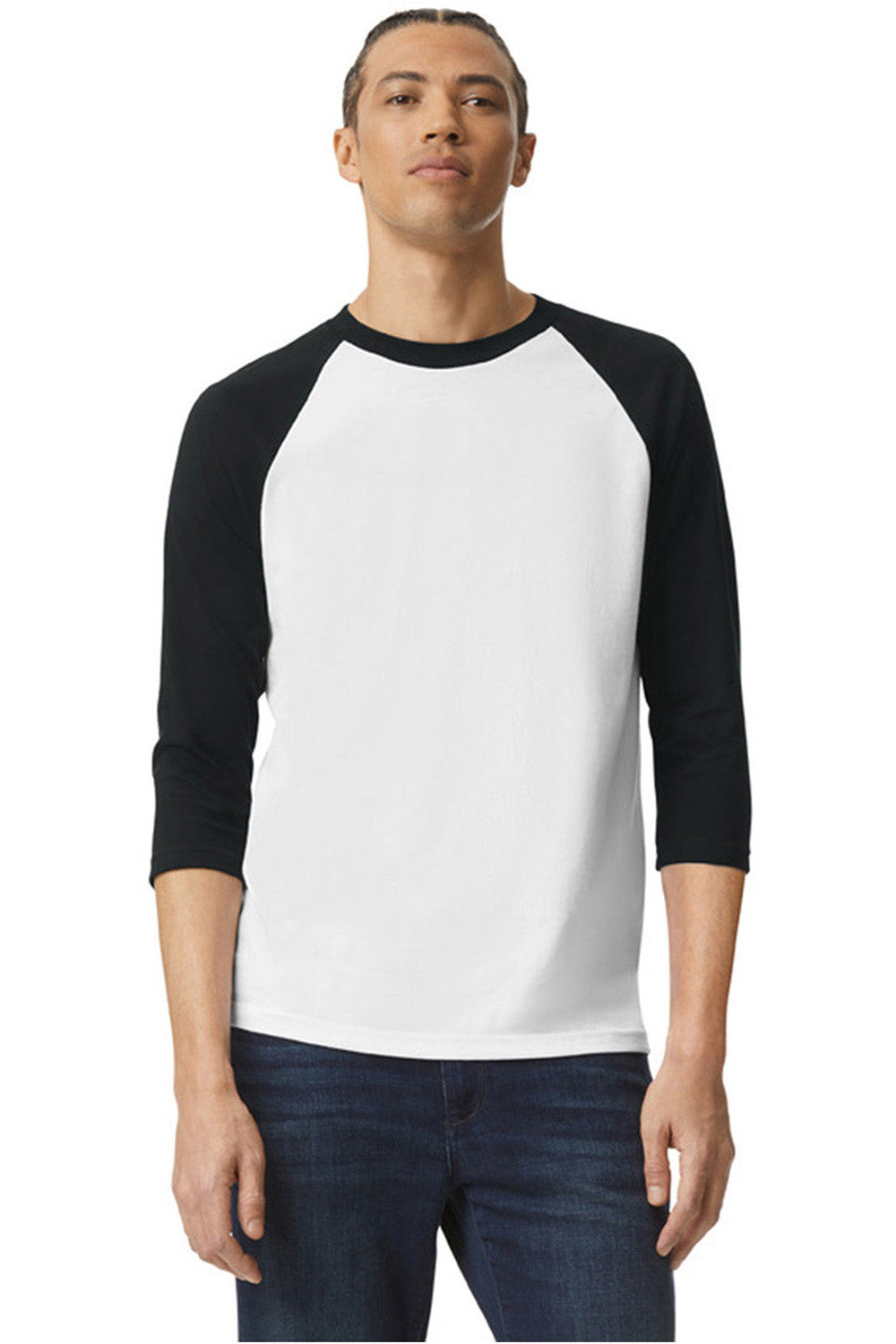 American Apparel 2003CVC Mens CVC Raglan 3/4 Sleeve Crewneck T-Shirt White/Black Model Front