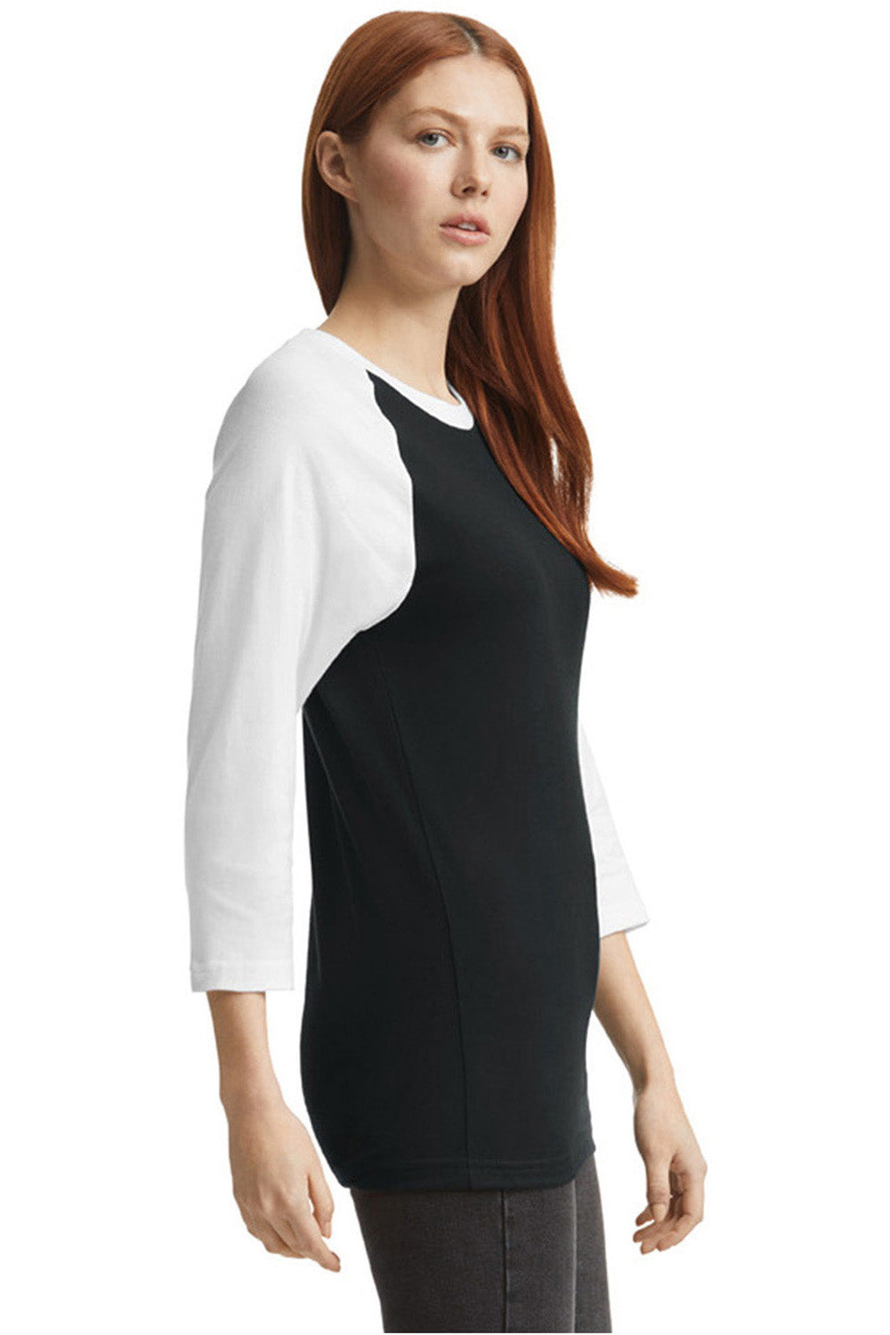 American Apparel 2003CVC Mens CVC Raglan 3/4 Sleeve Crewneck T-Shirt Black/White Model Side