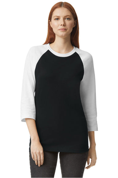 American Apparel 2003CVC Mens CVC Raglan 3/4 Sleeve Crewneck T-Shirt Black/White Model Front