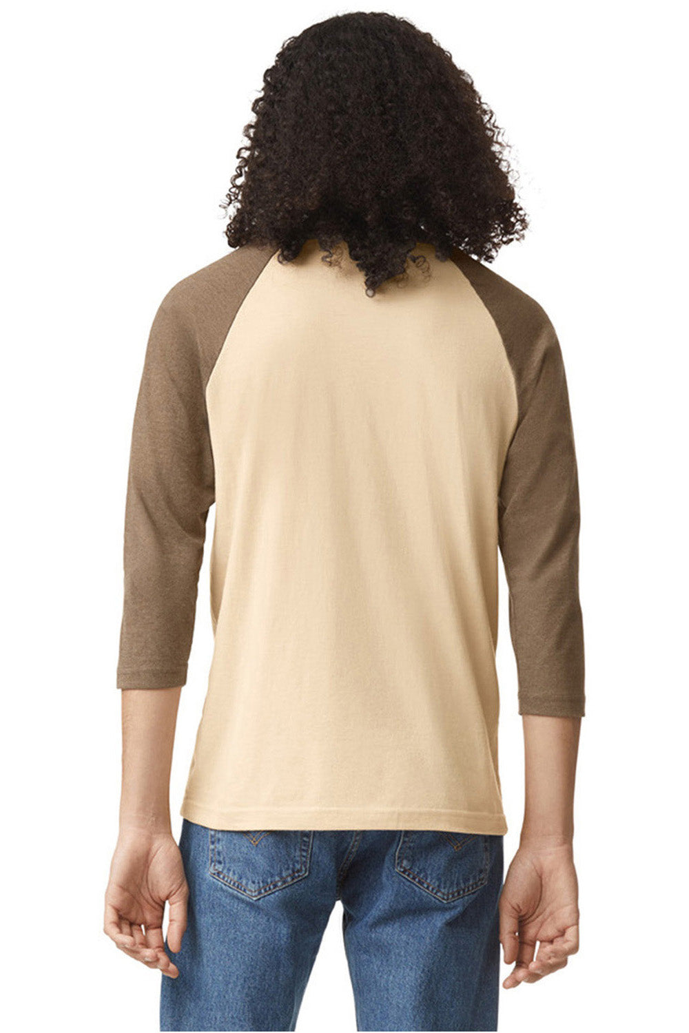 American Apparel 2003CVC Mens CVC Raglan 3/4 Sleeve Crewneck T-Shirt Heather Bone/Heather Army Brown Model Back
