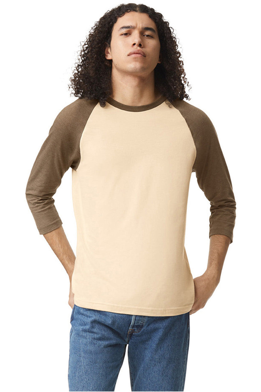 American Apparel 2003CVC Mens CVC Raglan 3/4 Sleeve Crewneck T-Shirt Heather Bone/Heather Army Brown Model Front