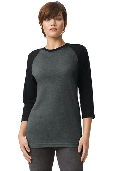 American Apparel 2003CVC Mens CVC Raglan 3/4 Sleeve Crewneck T-Shirt Heather Charcoal Grey/Black Model Front