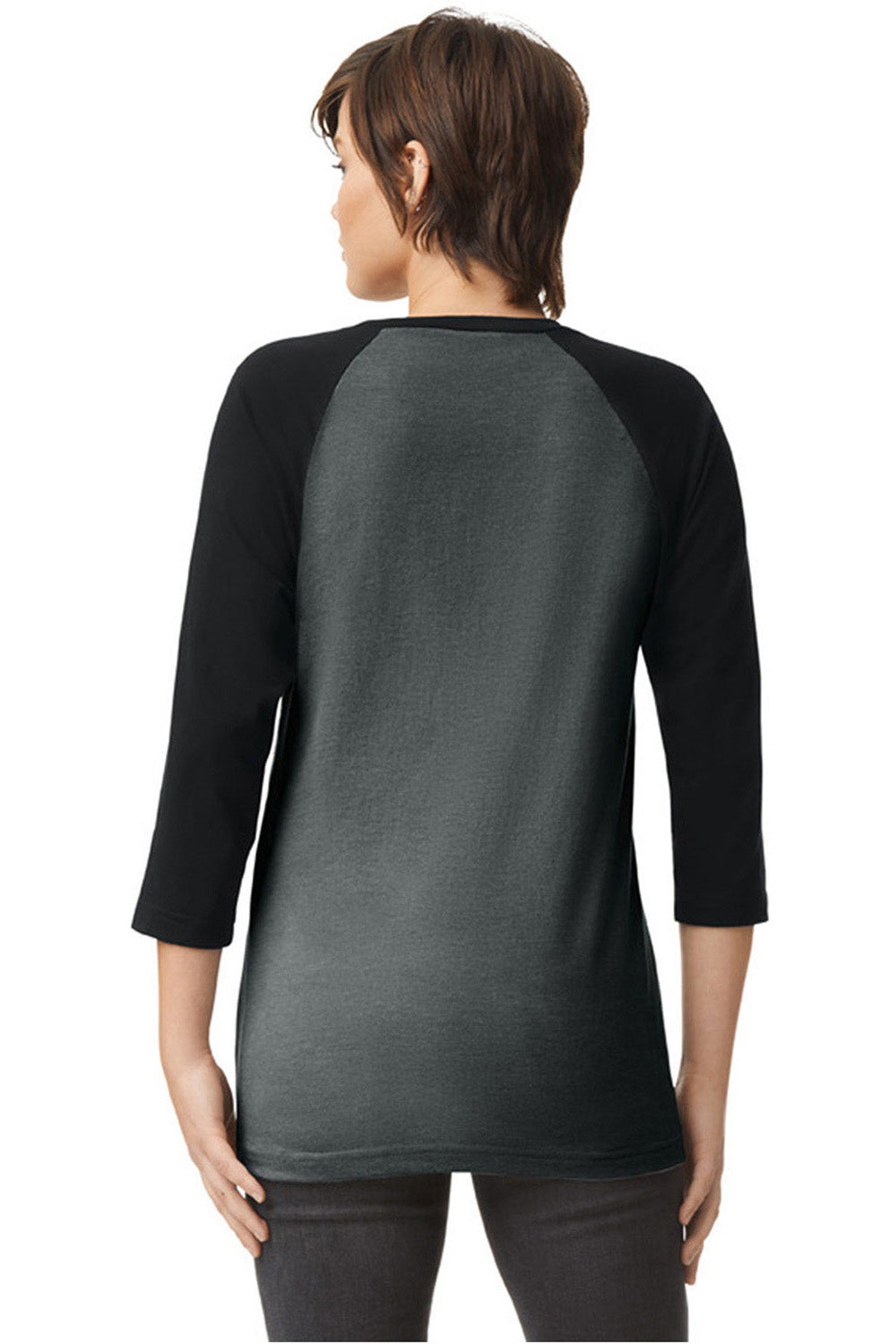 American Apparel 2003CVC Mens CVC Raglan 3/4 Sleeve Crewneck T-Shirt Heather Charcoal Grey/Black Model Back