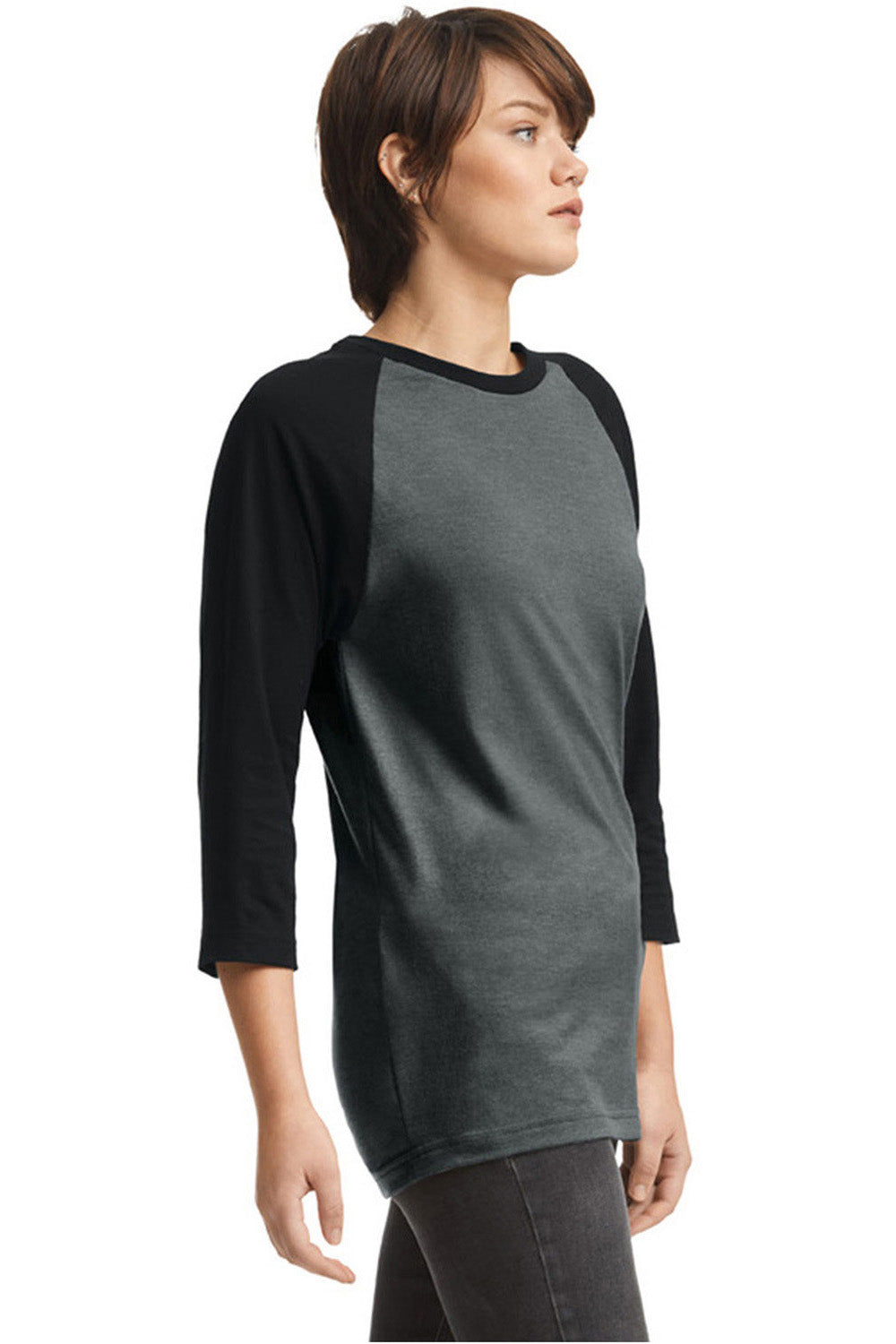 American Apparel 2003CVC Mens CVC Raglan 3/4 Sleeve Crewneck T-Shirt Heather Charcoal Grey/Black Model Side