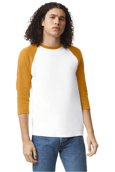 American Apparel 2003CVC Mens CVC Raglan 3/4 Sleeve Crewneck T-Shirt White/Heather Mustard Yellow Model Front