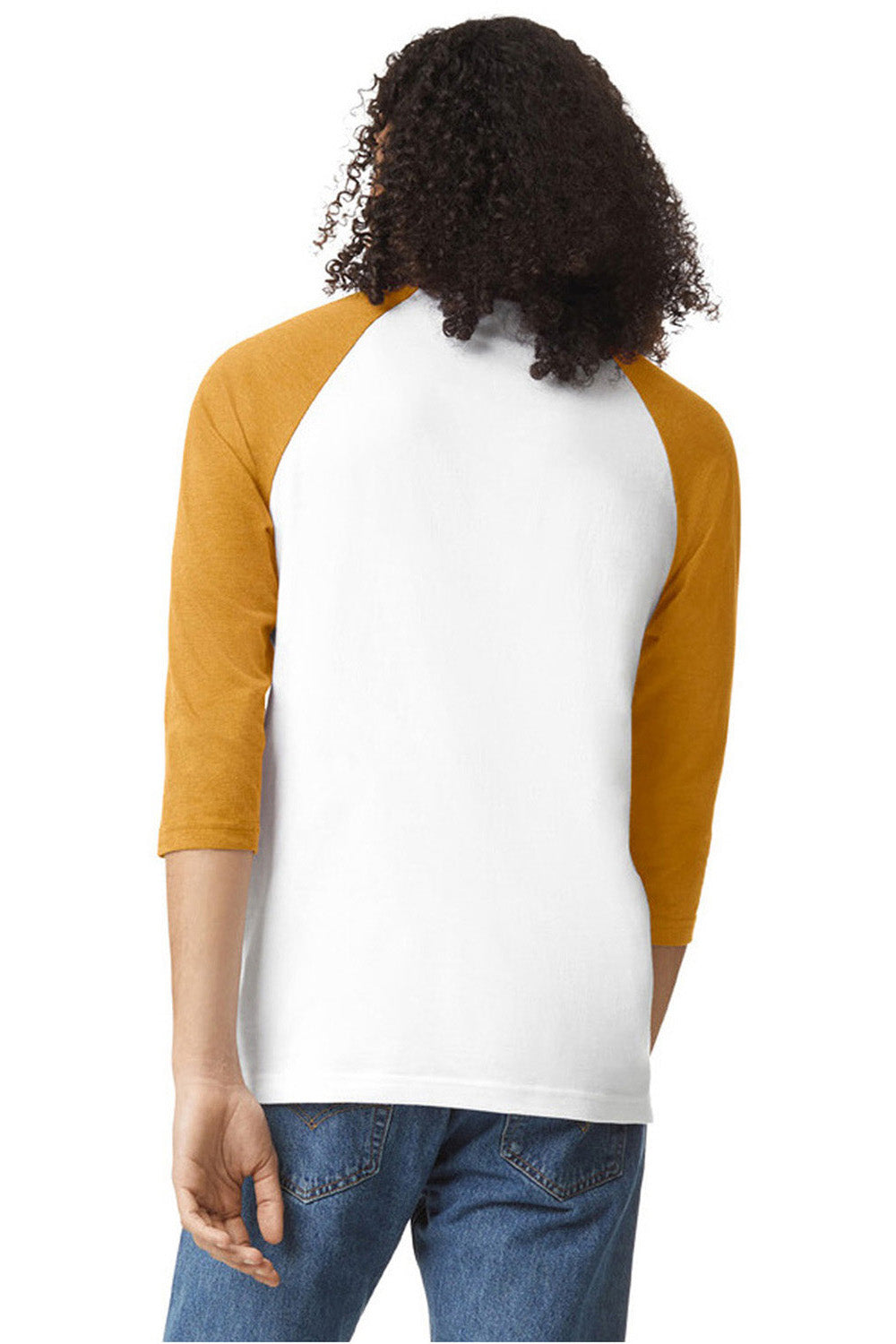 American Apparel 2003CVC Mens CVC Raglan 3/4 Sleeve Crewneck T-Shirt White/Heather Mustard Yellow Model Back